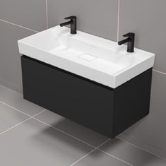 Double Floating Black Bathroom Vanity, Modern, 40 inch